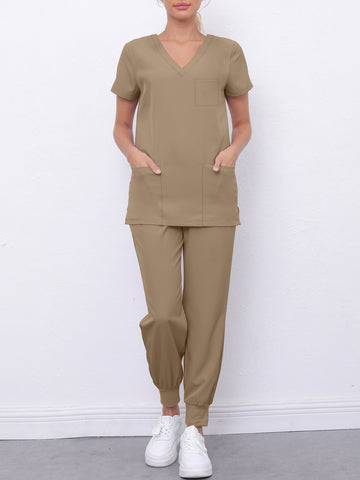 SAASHI Solid Khaki Color Scrub Set - V-Neck Top & Elastic Bottoms