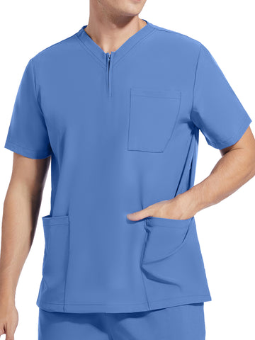 SAASHI Men's Sky Blue Short V-neck Sleeve Lab Coat, V-neck Work Uniform Shirt