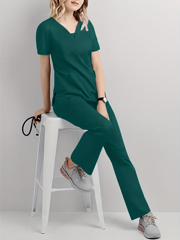 SAASHI Dark Green Casual Scrub Set - V Neck Short Sleeve Top & Pants