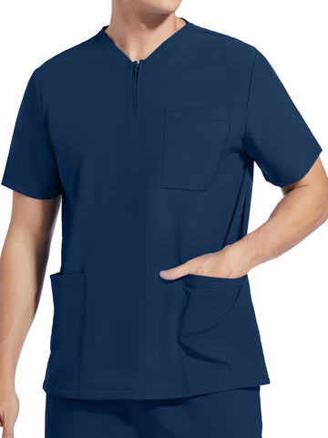 SAASHI Men's Navy Blue Short Sleeve Lab Coat, V-neck Work Uniform Shirt