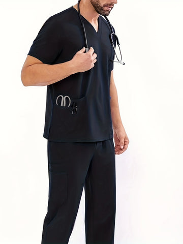 SAASHI Men's Black Summer V-neck Multi-Pocket Workwear Set - Loose Fit Overalls