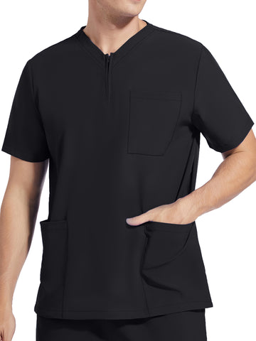 SAASHI Men's Black Short Sleeve Lab Coat, V-neck Work Uniform Shirt