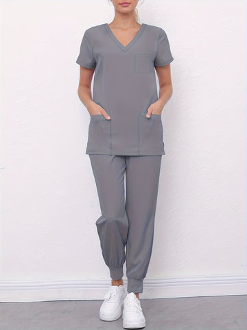 SAASHI Grey Medical Scrub Set - V Neck Top With Pockets & Pants