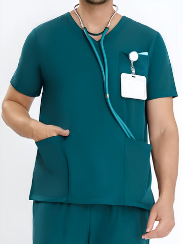 SAASHI Men's Dark Green Short Sleeve V-neck Stretch Workwear Top with Pocket