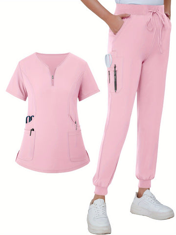 SAASHI Pink Color Solid Scrub Set - V Neck Zipper Top & Drawstring Pants
