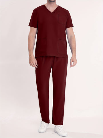 SAASHI Men's Burgundy Solid Summer Workwear - V-neck Top & Pants Set