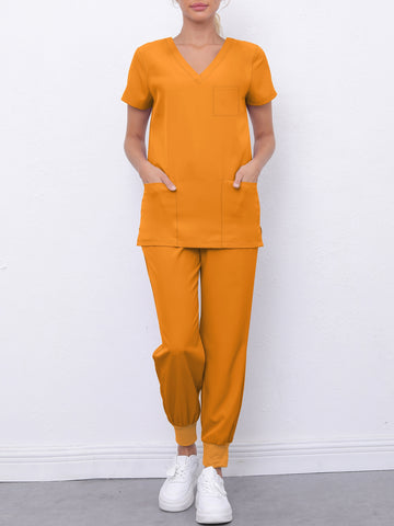 SAASHI Solid Orange Color Scrub Set - V-Neck Top & Elastic Bottoms