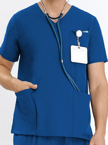 SAASHI Men's Royal Blue Short Sleeve V-neck Scrub Stretch Workwear Top with Pocket