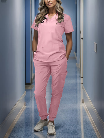 SAASHI Solid Pink Scrub Set - V Neck Top & Pants Outfits