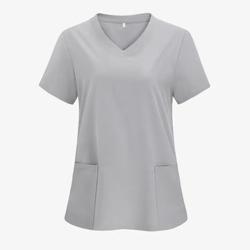 SAASHI Solid Light Grey V-neck Scrub Tops, Short Sleeve Patched Pockets Uniform