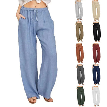 Saashi Cotton Linen Wide Leg Pants for Women Casual Loose Fit Elastic Waist Pocket Trousers