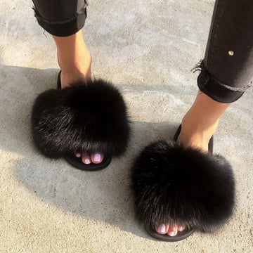 Saashi Women's Luxury Real Fox Fur Slides, Designer Furry Sandals for Plus Size