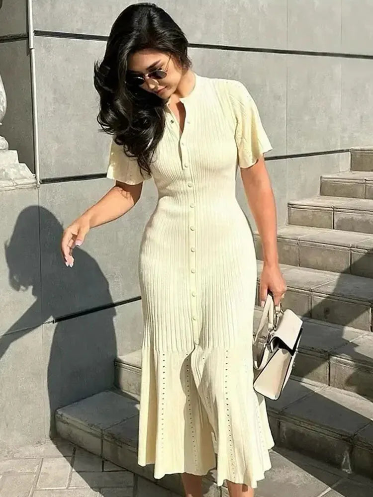 knitting dress single breasted Saashi Elegant Knitted Patchwork Midi Dress, Single Breasted Fashion f