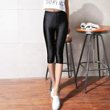 Saashi Women's Knee-Length Capris: Slim-Fit, Shiny Leggings with Lace Trim