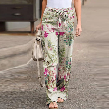 Saashi Vintage Floral Wide Leg Pants for Women Drawstring Waist Casual Loose Fit Trousers