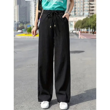 Saashi Women’s Plus Size High Waist Wide Leg Pants – Casual Solid Color Lace-Up Loose Fit