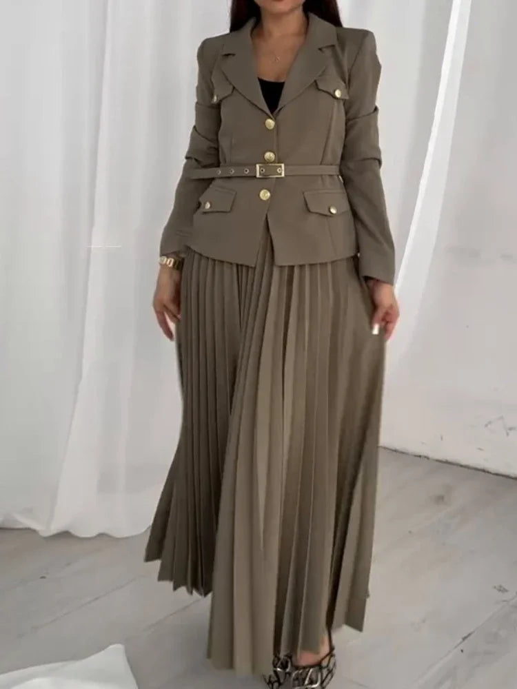 Saashi Spring Suit Set with Full Sleeve Blazer and Maxi Pleated Skirt for Women