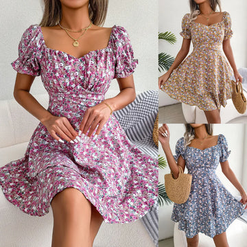 Saashi Floral V-Neck Summer Dress for Women Short Sleeve Casual Beach Holiday Outfit