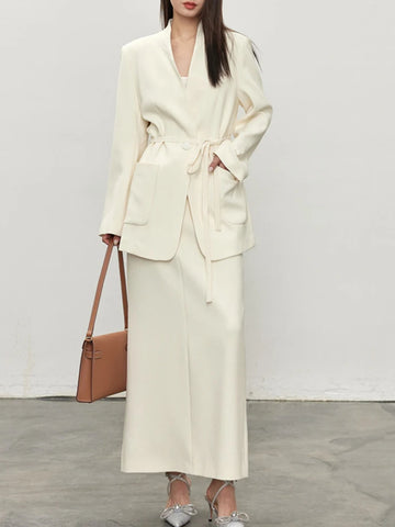 Saashi Elegant White Bandage Blazer and V-Neck Skirt Two-Piece Set for Women
