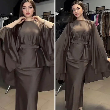 Saashi Elegant Round Neck Bat Sleeve Top and High Waist Long Skirt Two-Piece Set