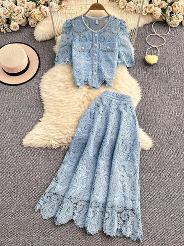 Saashi Elegant Pearl Long Dress Set with Short Sleeve Lace Top and A-Line Midi Skirt