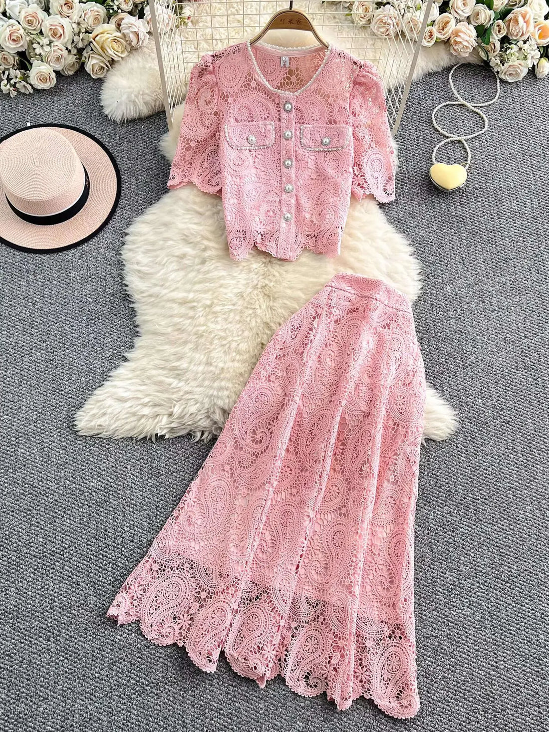 Saashi Elegant Pearl Long Dress Set with Short Sleeve Lace Top and A-Line Midi Skirt