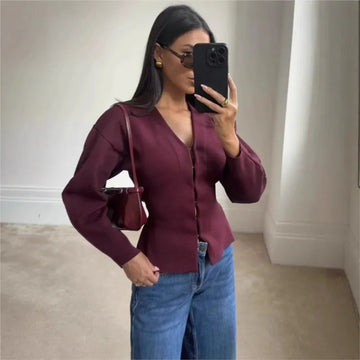 Saashi Elegant Knitted V-Neck Long Sleeve Top and Fitted Skirt Set for Women