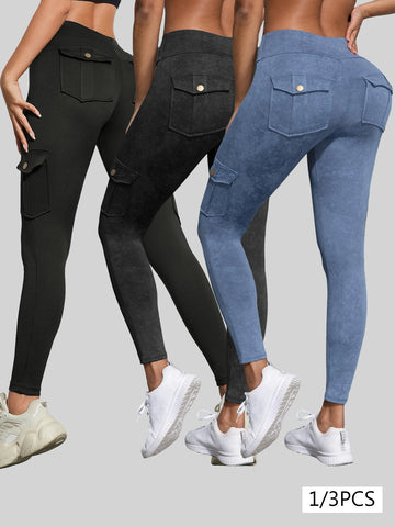 Saashi 1/3 PCS Butt Lifting Leggings for Women Printed Workout Tights with Pockets Athletic Fit