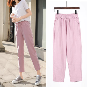 Saashi Cotton Linen Harem Pants for Women Elastic Waist Casual Solid Color Trousers