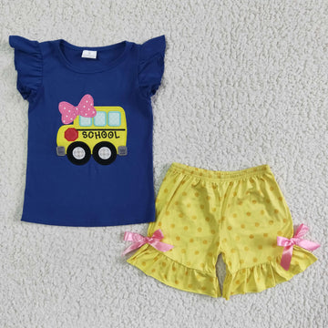 Saashi Toddler Baby Girl Back to School Embroidered Bus Yellow Dots Shorts Set
