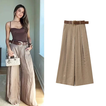 Saashi Satin Wide Leg Trousers for Women with Belt Loose Fit Versatile Pocket Pants