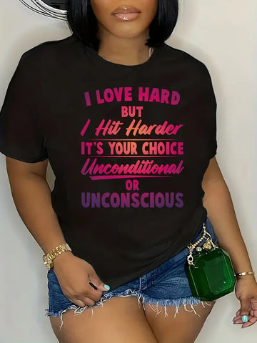 Saashi Plus Size Letter Print T-Shirt for Women Casual Crew Neck Short Sleeve Top
