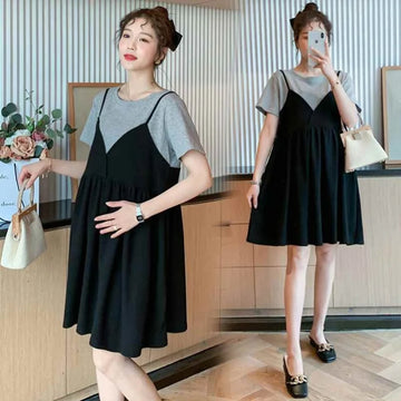 Saashi Maternity Halter Dress, a Loose Mid-Length Casual Top with a False Two-Piece Style
