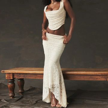 Saashi Elegant Lace-Up Crop Top and Maxi Skirt Two-Piece Formal Wedding Guest Dress