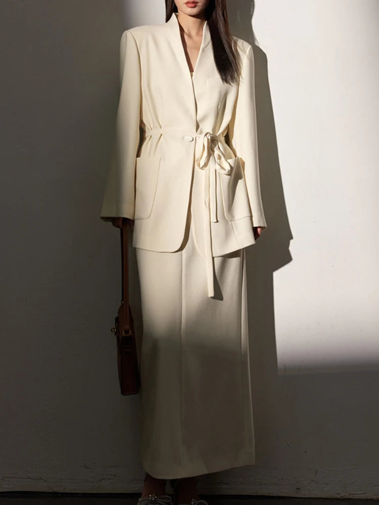 Saashi Elegant White Bandage Blazer and V-Neck Skirt Two-Piece Set for Women