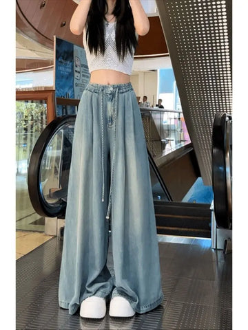 Saashi Women's Wide Leg Boyfriend Jeans Elastic Drape Versatile Trendy Trousers