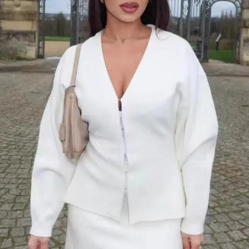 Saashi Sexy Knitted V-Neck Cardigan and Mini Pencil Skirt Two-Piece Set for Women