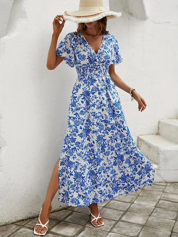 Saashi Bohemian Print V-Neck Dress for Women Blue Short Sleeve Casual Beach Outfit