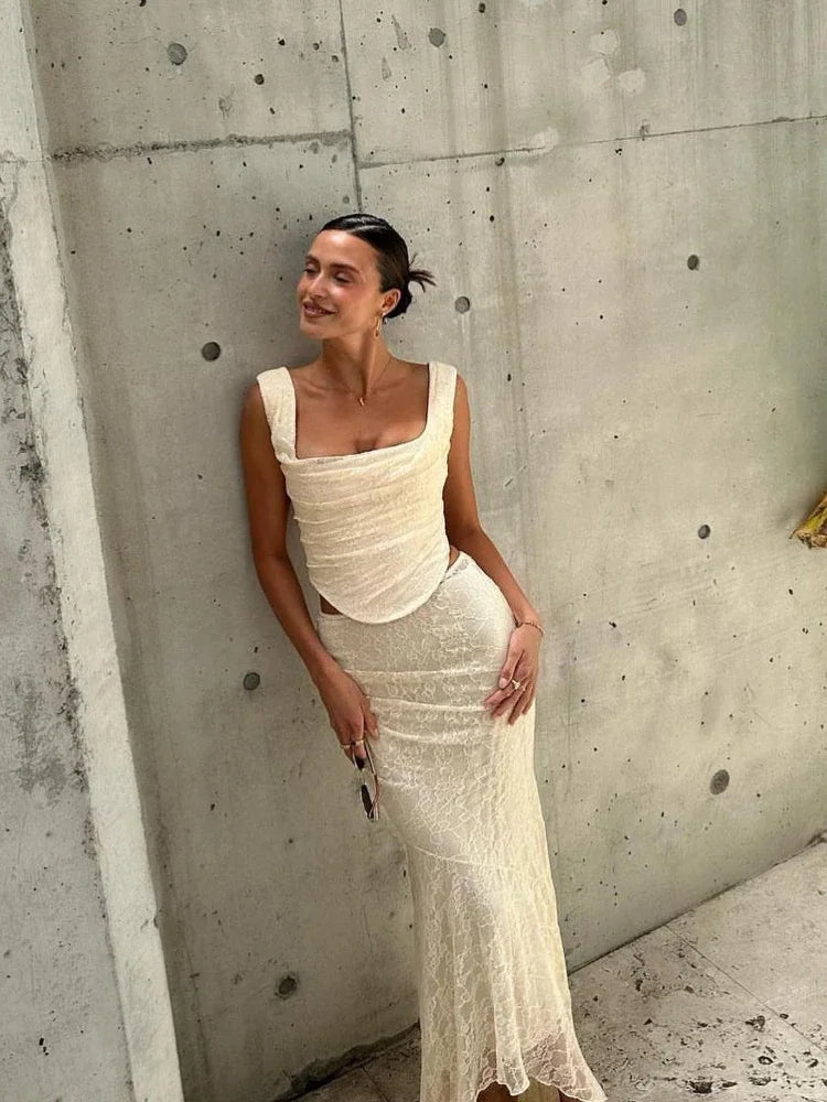 Saashi Elegant Lace-Up Crop Top and Maxi Skirt Two-Piece Formal Wedding Guest Dress