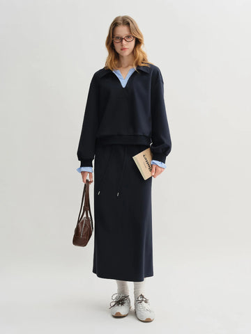Saashi Plus Size Navy Blue Long Sleeve Sweater and Skirt Set for Women