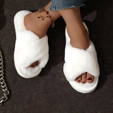 Saashi Unisex Faux Fur Slides, Warm Plush Cross-Strap Home Slippers for Plus Size
