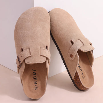 Saashi Unisex Genuine Suede Buckle Clogs with Arch Support and a Soft Cork Footbed
