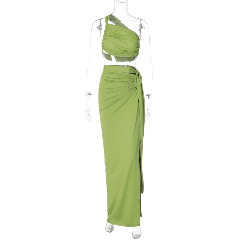 Saashi Ladies Summer Two-Piece Set with Sleeveless Backless Crop Top and Side Slit Long Skirt