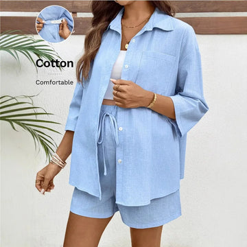 Saashi Women's Casual Maternity 2-Piece Set with Loose Mid-Sleeve Top & Shorts