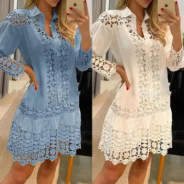 Saashi Lace Splicing Solid Color 2-Piece Cutout Shirt Dress, Elegant Partywear