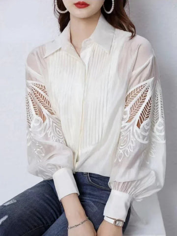 Saashi Women’s Turn-Down Collar Flower Hollow Out Pleated Long Sleeve Office Shirt