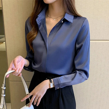 Saashi Women’s Silk Satin Long Sleeve Shirt Basic Fashion Blouse for Office Ladies
