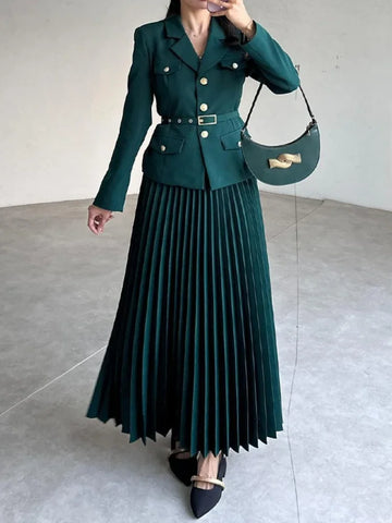 Saashi Spring Suit Set with Full Sleeve Blazer and Maxi Pleated Skirt for Women