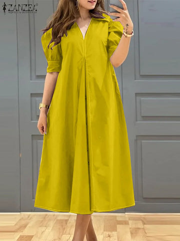 Saashi V-Neck Pleated Midi Dress for Women Puff Sleeve Solid Color Oversized Streetwear