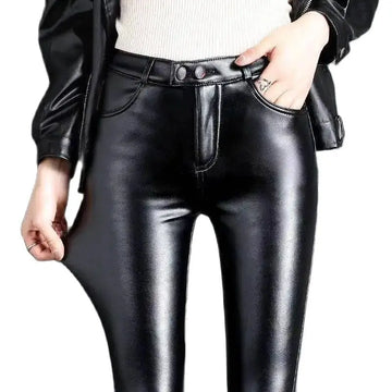 Saashi Women’s Black PU Leather Thermal Leggings – High-Waist, Slim Fit, Stretchy